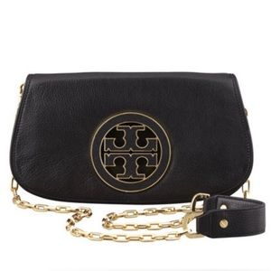 Tory Burch Amanda Black Leather Clutch and Chain Crossbody Purse Bag